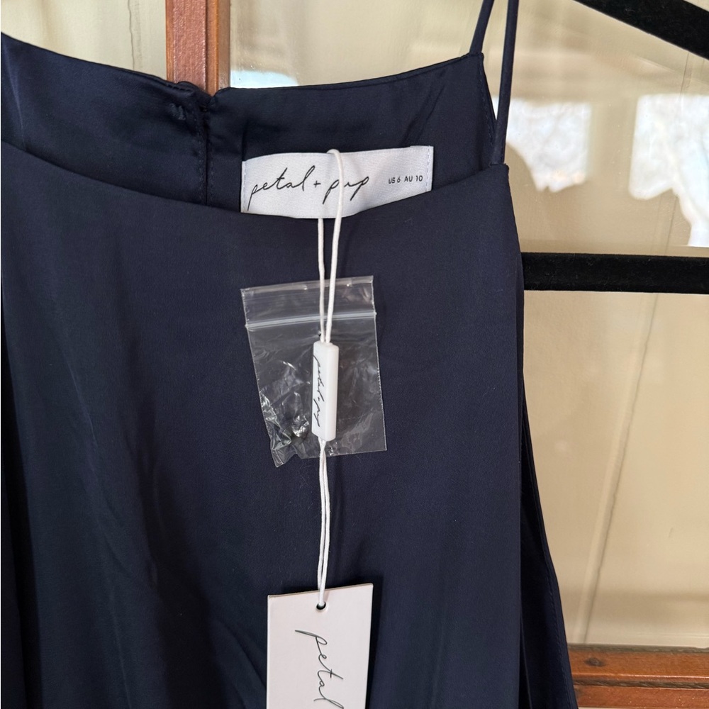 Petal & Pup Seychelle Navy Satin Asymmetrical Hem Tiered Ruffle Midi Dress - 6 - Picture 9 of 11